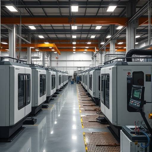 Oversiktsbilde av CNC-maskiner i en fabrikk