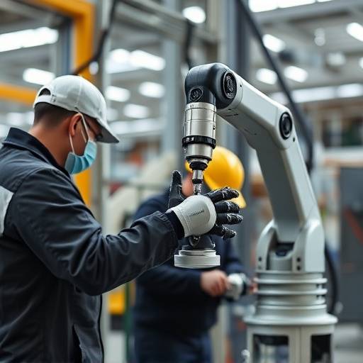 Teknikere installerer en ny industriell robotarm